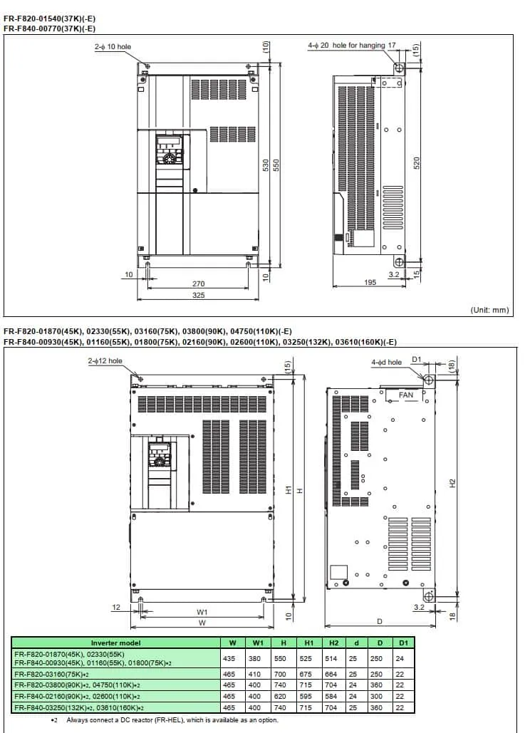 kích thước biến tần FR-F840-0.75K-1