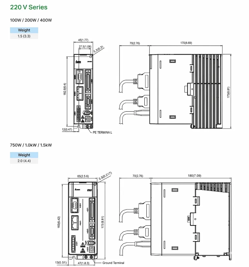Kích thước lắp đặt dòng Servo Delta ASDA-A2 (100w - 200w - 400w - 750w - 1kw - 1.5kw))