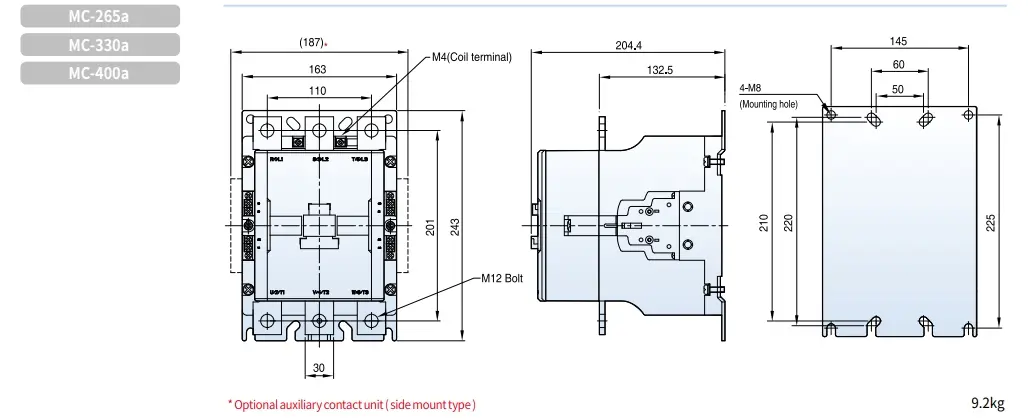 Kích thước Hình ảnh Khởi động từ Contactor công suất lớn LS MC-400a 400A 225kW
