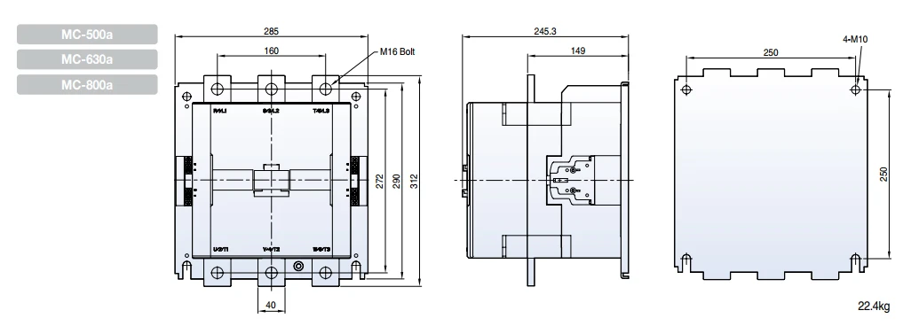 kích thước Khởi động từ Contactor siêu tải trọng LS MC-800a 800A 440kW