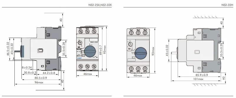 Kích thước bộ khởi động NS2-25X 2.5-4A