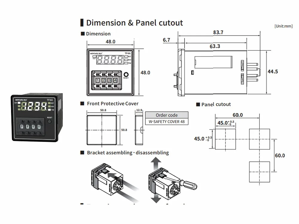 Kích thước lắp đặt Rơ Le Thời Gian Kỹ Thuật Số Hanyoung TF4A-A
